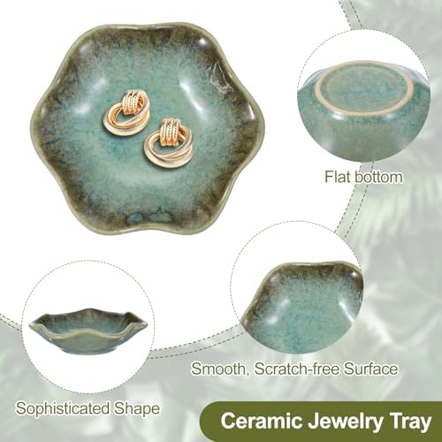 uxcell 2Pcs Ceramics Jewelry Plate, Lotus Leaf Shape Key Holder Bowl for Entryway Table Decor Small Ring Tray Dish Gift for Women Girlfriend, Grass Green/White - Image 3