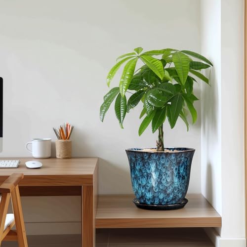 10 Inch Plant Pot - Ceramic Planter with Drainage Hole and Saucer, Round Flower Pots for Indoor Outdoor, Modern Decorative Planter for Plants, Home Office Decor, Plant Lover Gifts, Blue - Image 7