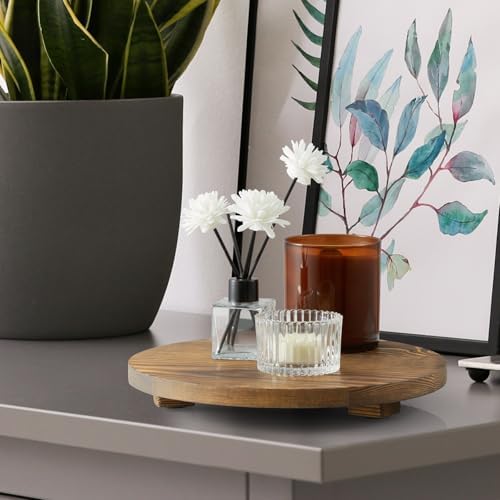 Round Decorative Tray Burnt Wood Bathroom Counter Organizer Pedestal Stand Farmhouse Kitchen Decor Wooden Riser for Soap Dish, Perfume, Candle, Sponge, 10" - Brown - Image 5