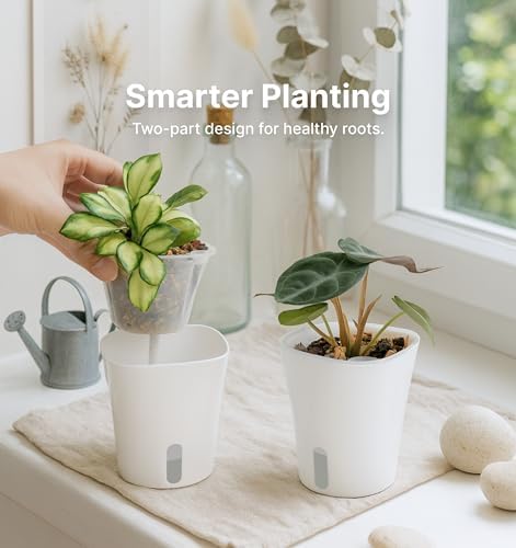 10 Pack 3" Self Watering Pots for Indoor Plants, Clear Inner Cup, Small White Plastic Planters, Water Level Indicator, Drainage Holes, Extra 3ft Wick, Cuttings,Seedlings,Herb,African Violet - Image 2