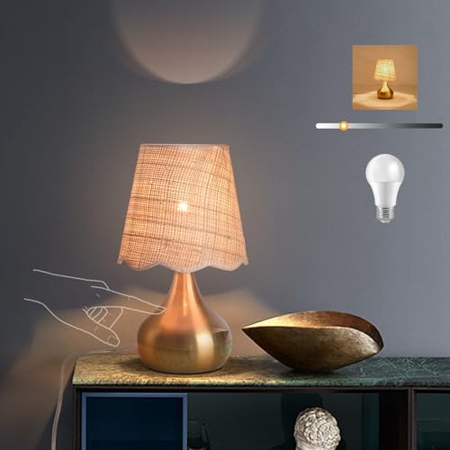 Ziqqeelam Gold Small Bedside Table Lamp Touche Control 3-Way Dimmable Brass Mini Table Lamps for Nightstand, Rattan Shade Small Table Lamps for Small Spaces for Kitchen Counter, Bookshelf, Bedroom by Unknown