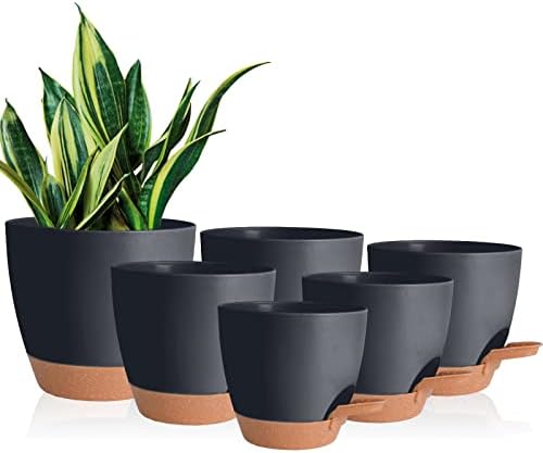 Vanslogreen Planters for Indoor Plants, 8/7/6.5/6/5.5/5 Inch Self Watering Plant Planters with Drainage Hole, Plastic Planters Flower Pots for Indoor Outdoor Plants (Black) by Vanslogreen