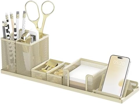 Pen Holder for Desk, 6-Piece Mesh Desk Organizer with Phone Holder, Gold by SUPEASY