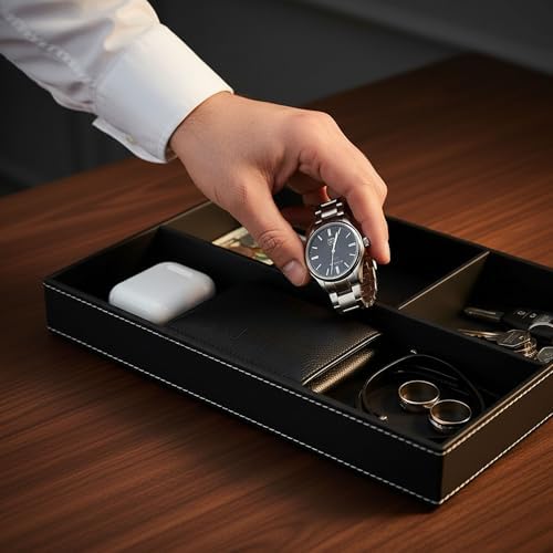 Leather Valet Organizer Nightstand & Dresser Storage Tray (Black) - Image 6