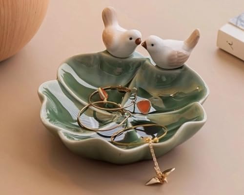 Lotus Leaf Bird Ceramic Jewelry Dish, Ring Tray for Women (Green) - Image 7