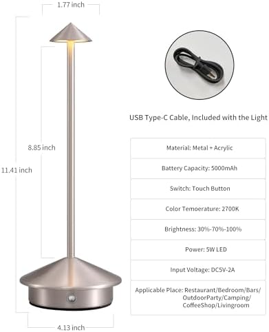 Modern Cordless Table Lamp Set of 2, Brushed Nickel LED Desk Lamps - Image 5