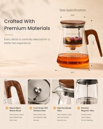 ZENS Magnetic Glass Infuser Teapot for Loose Tea, 27oz Walnut Wood Handle - Image 6