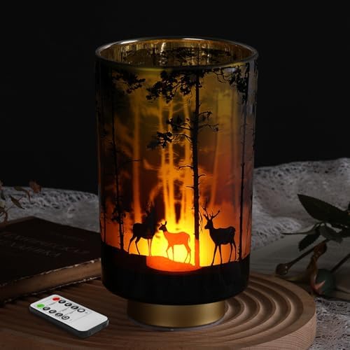 Eywamage Large Battery Operated Table Lamp with Remote, Forest Deer Accent Lamp, Cordless Glass Lamp for Bedroom Living Room by EywamageCandles