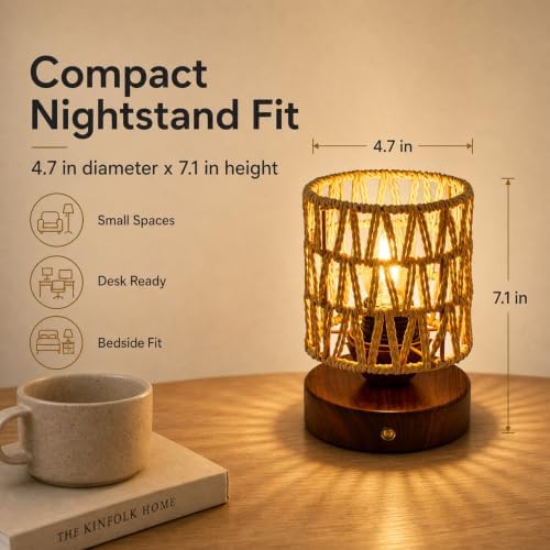 Cordless Operated Rattan Lamp, 5000mAh Rechargeable Dimmable Handwoven Open Weave Drum Table Lamp with Edison Bulb, Boho Nightstand Light for Bedroom Home Decor - Image 4
