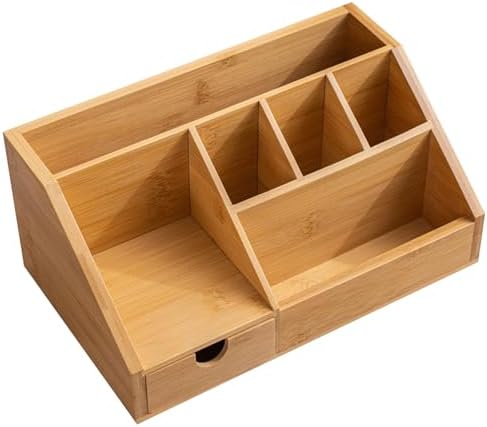 Desk Organizers, Bamboo Desk Organizer, Space-saving Wooden Organizer with Drawer, Storage Box, Pencil Box, Tray for Office, Home Office, 9.6 x 5.9 x 4.3in, Wood - Image 6