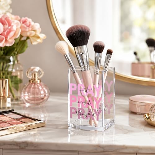 Christian Acrylic Pen Holder Cup, “Pray Over It Prays On It Pray Through It” Bible Verse Desk Decor, Pink Office Desk Organizer, Inspirational Gift for Women, Religious Desk Accessory - Image 2