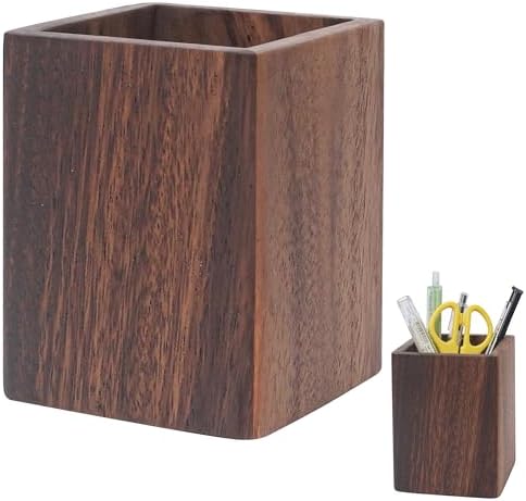 Wooden Pencil Holder for Desk, Wood Pen Black Walnut Cup Holder Square Handwork Natural Organizer Simple Stand for Pencils Make up Brushes Stationery Desks Offices Desk Desktop Decoration (Brown) by Marsrut