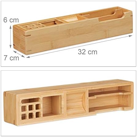Relaxdays Bamboo Desk Organiser, 11 Compartment Storage Box, Office Stationery Stand HxWxD: 6 x 32 x 7 cm, Natural - Image 4
