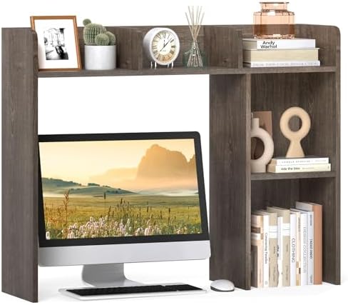 GIANTEX Desktop Bookshelf, Wood Desk Hutch Organizer for 27 Inch Computer Monitor, Countertop Storage Display Rack with 5 Shelves, Multipurpose Desktop Shelf Bookcase for Dorm Office Home (Grey Oak) by Giantex