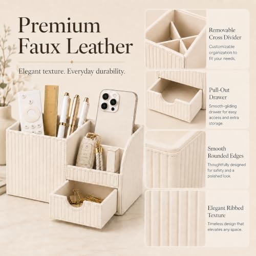 KINGFOM Luxury PU Leather Desk Organizer with Drawer, Modern Aesthetic Office Desk Accessories for Women, Multi-Compartment Pen Holder & Desktop Storage Organizer for Home Office, Cream White - Image 6