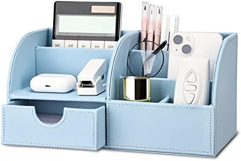KINGFOM Pu Leather Desk Organizer Pen Pencil Holder Office Supplies Caddy Storage Box 6 Compartments with Drawer Blue by KingfomLeatherHomeOfficeDecor