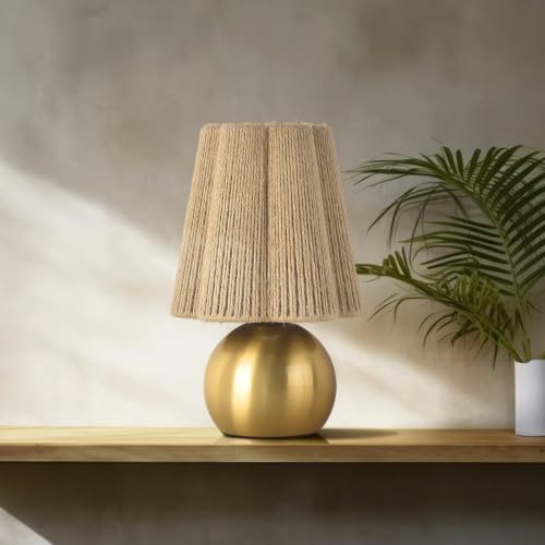 Ziqqeelam Brass Gold Spherical Mini Table Lamp with Wicker Shade, Cute Decor Nightstand Lamp for Small Spaces, Bedroom, Home Office and Living Room - Image 6