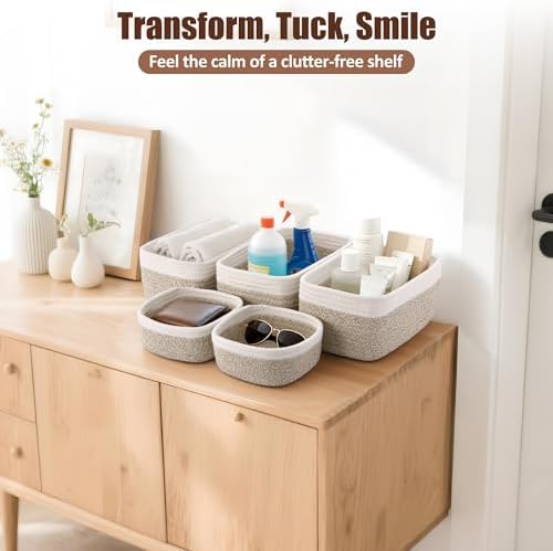 5-Pack Small Woven Rope Storage Baskets, 2 Sizes Organizer Bins - Image 5