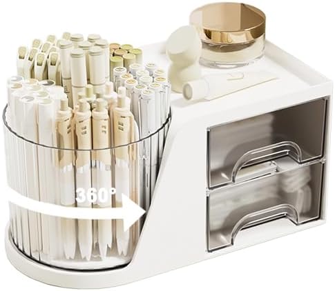 SAYEEC Rotating Desk Organizer with 2 Drawer 6 Slots Multi-Functional Pencil Pen Holder Desktop Makeup Organizer Stationery Accessories Storage Box Caddy for Office School Home Art Supplies (White) by SAYEEC