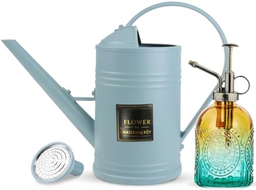 0.5 Gallon Small Watering Can for Outdoor Indoor Plants for House Plants, 12 oz Glass Plant Mister Spray Bottle for Bonsai Garden Flowers (Blue) by Megawodar