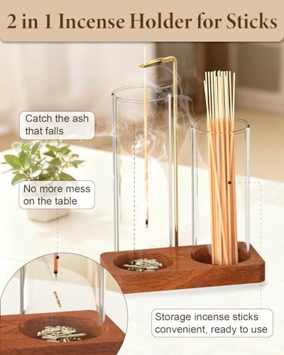 Incense Holder with Glass Jars, 2 in 1 Incense Sticks Holder & Ash Catcher, Upside Down Incense Burner with Storage for Meditation, Yoga, Spa, Home Decor, with 20 Incense Sticks & Brush - Image 3