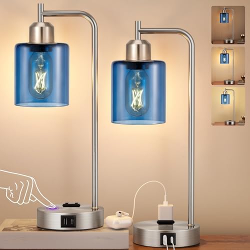 Innqoo Industrial Blue Table Lamps for Bedrooms Set of 2-3-Way Dimmable Desk Lamp with USB C+A Ports and Outlet, Nickel Lamps with Green Glass Shade for Living Room - Image 2