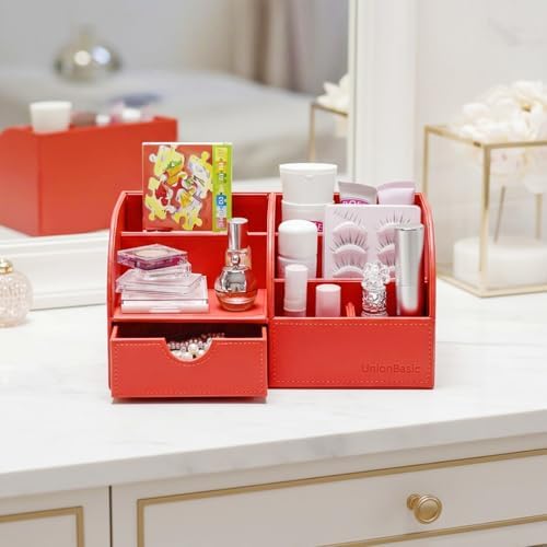 UnionBasic Desk Organizer - Multifunctional Leather Desktop Pen Holder Storage Box - Business Card/Pen/Pencil/Mobile Phone/Stationery Holder, Red - Image 6
