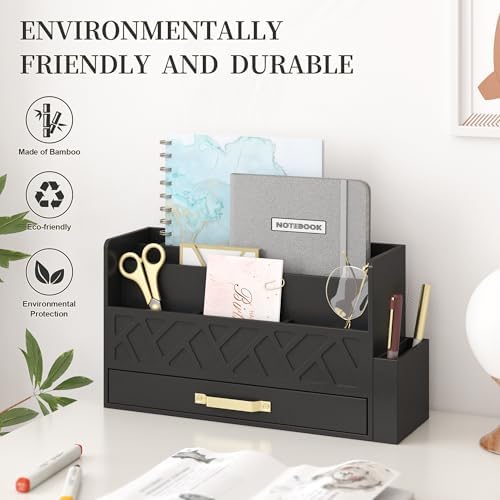 Wisuce Bamboo Mail Organizer Countertop with Drawer and Pen Holder, Black - Image 5