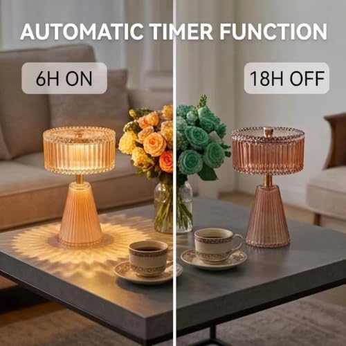 Cordless Glass Table Lamp - Small Battery Operated Lamp with 6H Timer, Vintage Fluted LED Battery Powered Lamps, Amber Glam Accent Nightstand Light for Bedroom, Bathroom, Patio (Amber+Small - Image 4