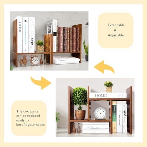 BROWN-BROWN Adjustable Wood Desk Shelf Organizer Office Home Multipurpose Desktop Shelf, Display Shelf Rack Top Mini Bookcase, Free Style Display Desktop Organization - Image 5