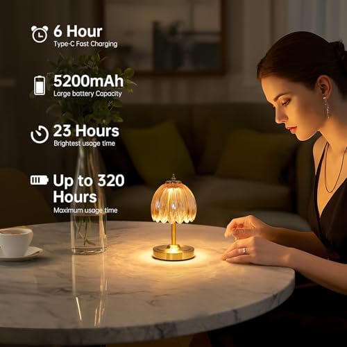 Shenmoyl Tulip Small Table Lamp, 5200mAh Cordless Touch Control Mini Table Lamp with 3 Color Temps & Stepless Dimming, Perfect for Small Spaces Like Dressers, Bedsides, Bookshelves (Amber Tulip) - Image 6