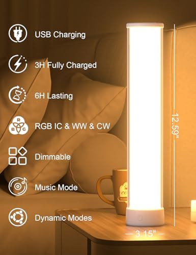 Rechargeable Table Lamp, RGB IC LED Light Bar, 1500 Lumens, APP & Remote Control Bedside Table Lamp with Music Sync, Color Changing Ambient Lighting for Bedside Table Desk Monitor Gaming White - Image 2