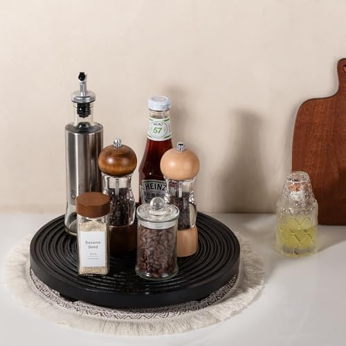 Round Decorative Tray Farmhouse Bathroom Decor Wood Riser, 11" Black - Image 2