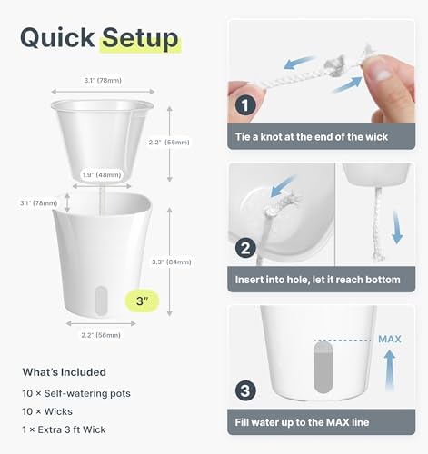 10 Pack 3" Self Watering Pots for Indoor Plants, Clear Inner Cup, Small White Plastic Planters, Water Level Indicator, Drainage Holes, Extra 3ft Wick, Cuttings,Seedlings,Herb,African Violet - Image 6