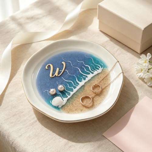 Bathroom Tray, Ocean Resin Ceramic Ring Dish, Waterproof Beach Jewelry Holder, Small Decorative Trinket Tray for Sink Counter, Shower, Bathroom Vanity (W) by Unknown