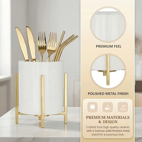 Ceramic Pen Holder for Desk, Durable Ceramic Pencil Cup Holder for Womens Girls, Makeup Cup for Brushes, with 4 Legs Metal Frame - Image 5