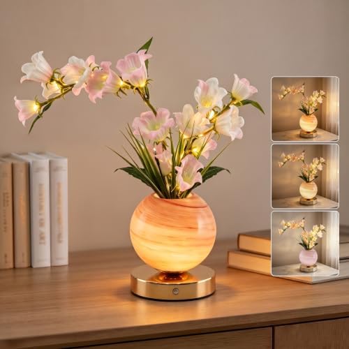 Pink Bellflower Flower Lamp, Rechargeable Cordless LED Floral Table Lamp by VEEKINavigation