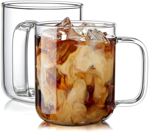 Glass Coffee Mugs, 16 oz Ice coffee cups, Large Clear Tea Cups Set of 2, Glass Mugs with Handles, Glass Cups for Latte, Cappuccino, and Tea by BWODYAY