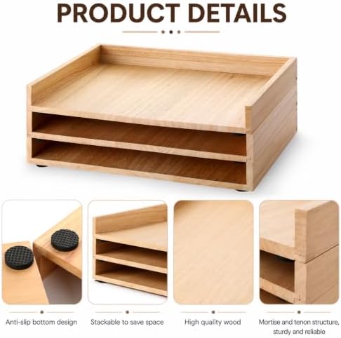 chiazllta 3 Pack Stackable Wood Letter Tray Wood Desk Paper Organizer Tray Wooden Office Documents Shelf Holder for A4 Paper Mail File Document Magazines Folders Receipts Home Office Supplies Storage - Image 3