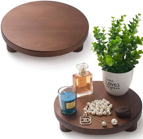 Wood Riser for Decor, 2 Pack Wood Pedestal Stand for Display, Round Wooden Tray for Kitchen Counter, Wooden Pedestal Stand for Plant Pot Indoor (Round - Brown) by DEAMACE