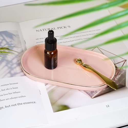 Ceramic Jewelry Dish, Perfume Vanity Tray, 7x4 Decorative Catch All Bowl for Trinket Key Ring, Small Bathroom Counter Tray, Soap Tray for Kitchen Sink (Pink) - Image 4