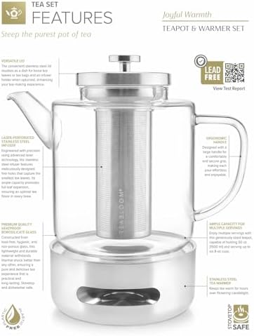 Teabloom Joyful Warmth Teapot with Tea Warmer – 50 oz (6+ Cups) Hand-Blown Borosilicate Glass, Stainless Steel Loose-Leaf Infuser, Heat-Resistant Kettle, Elegant Gift Set for Tea Lovers - Image 2