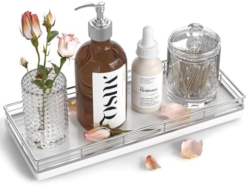 Bathroom Tray for Counter, Oak Wooden 11.2" L Vanity Tray for Jewelry Candle Makeup Perfume, Holder for Coffee Table Decor Bar Silver by Focusonit