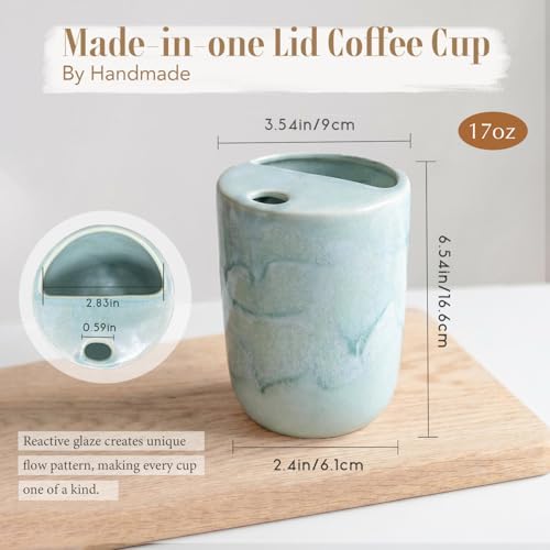 Handmade Ceramic Coffee Mug with Half Lid, 17oz Unique Tea Coffee Cup with Sip-top Lid, Sea Foam - Image 4