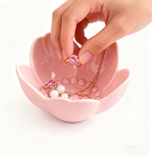 Pink Flower Ring Dish Jewelry Tray, Ceramic Jewelry Dish, Cute Small Trinket Tray, Nightstand Bathroom Decor Ring Holder, Jewlery Plate Bowl for Christmas Friendship Birthday Gifts for Women - Image 5