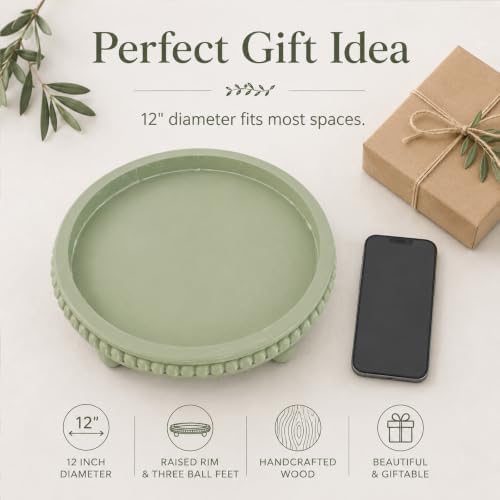 Sage Green Coffee Table Tray, 12" Round Wooden Decorative Tray - Image 5