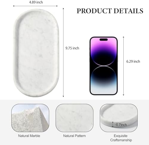 Koville Natural White Marble Tray for Home Decor, 10" x 5" Marble Vanity Tray for Bathroom Countertop Organizer Stone Trays, Catchall Tray for Perfume, Candles, Jewelry (Bianco Carrara) - Image 2