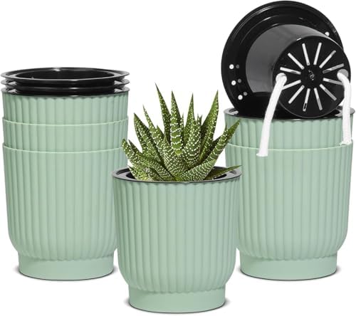 T4U Self Watering Pots for Indoor Plants, 4 Inch 6 Pack Planter Green by T4U