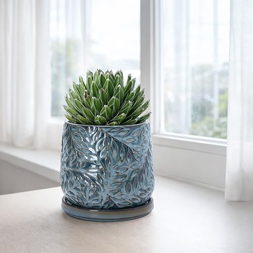 D'vine Dev Embossed Leaves Ceramic Planter, 5 in, Ocean Teal, 27-A-V-8 - Image 2