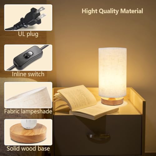 Small Bedside Table Lamp for Bedroom, Minimalist Wood Base & Round Fabric Shade, Mini Cute Cozy Warm White Nightstand Boho Lamp, Study Desk Night Stand Light for Room, Dorm, Nursery, Living Room - Image 6